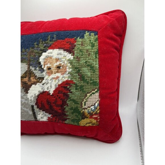 Vintage Needlepoint Xmas Santa Hand Embroidered Wool & Velvet Pillow NICE - Picture 5 of 15